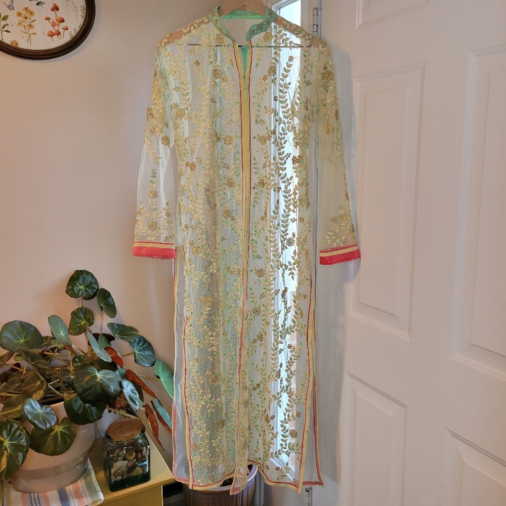 Pakistani/Indian‎ Embroidered Beaded Floral Open Duster Layering Kameez, Size M